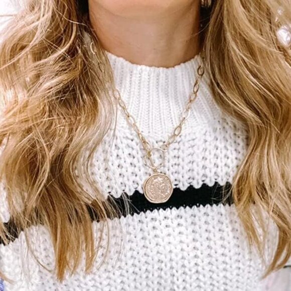 Chunky Coin Fashion Gold Necklace Trendy Statement Toggle Necklaces Women Antiqu - Picture 9 of 9